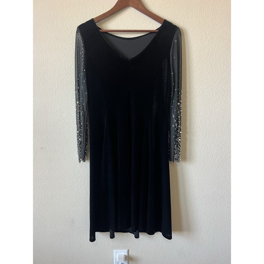 Marina Black Velvet A-Line Dress Sz M Mesh Pearl Beaded Sleeves Elegant Formal - Picture 6 of 10